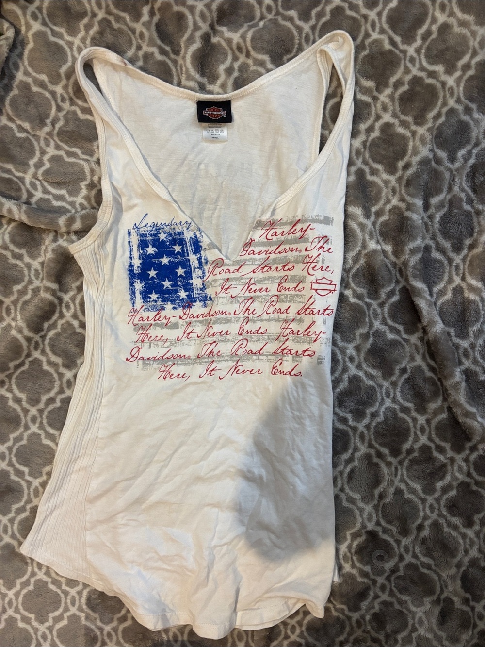 Harley-Davidson White Tank with Blue Star and Red Script